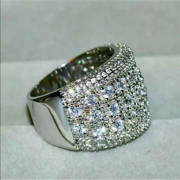 NEW Silver Round Diamond Pave Wide Band Ring - Picture 2 of 6
